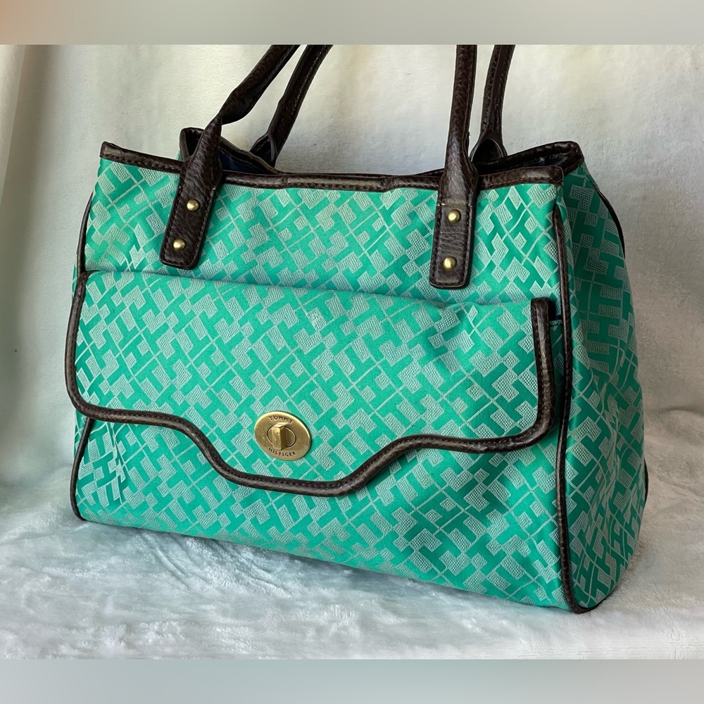 Tommy Hilfiger signature logo teal green satchel tote shoulder bag - Picture 4 of 10